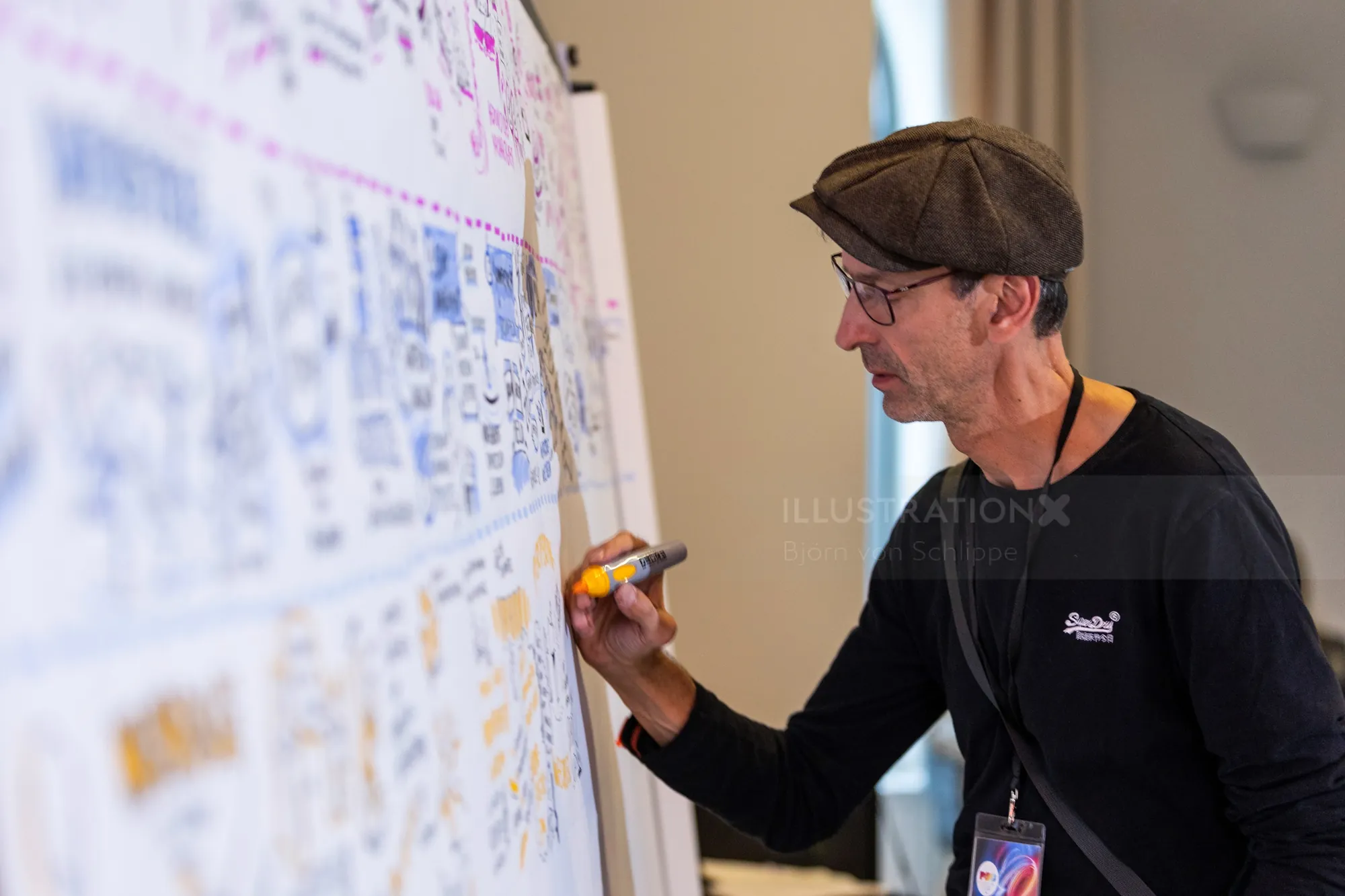 Person drawing on whiteboard with marker during creative session
