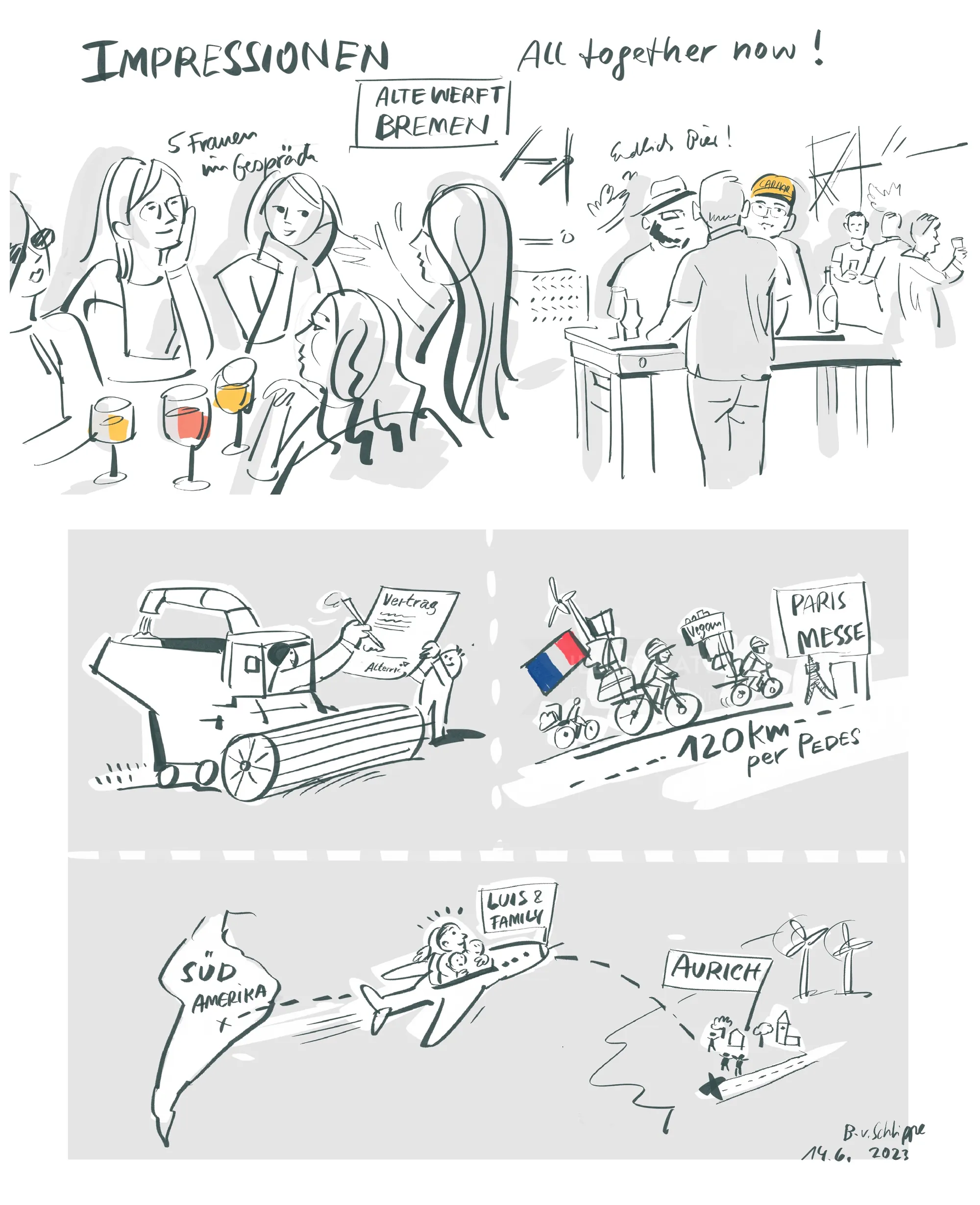 Cartoon illustrations showing people socializing, a tracked vehicle, bikers, and maps