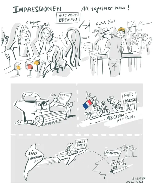 Cartoon illustrations showing people socializing, a tracked vehicle, bikers, and maps