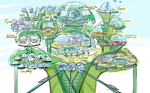 Hand-drawn futuristic city diagram with labeled buildings and pathways