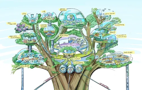 Tree with branches holding futuristic buildings and labeled structures in a colorful illustration.
