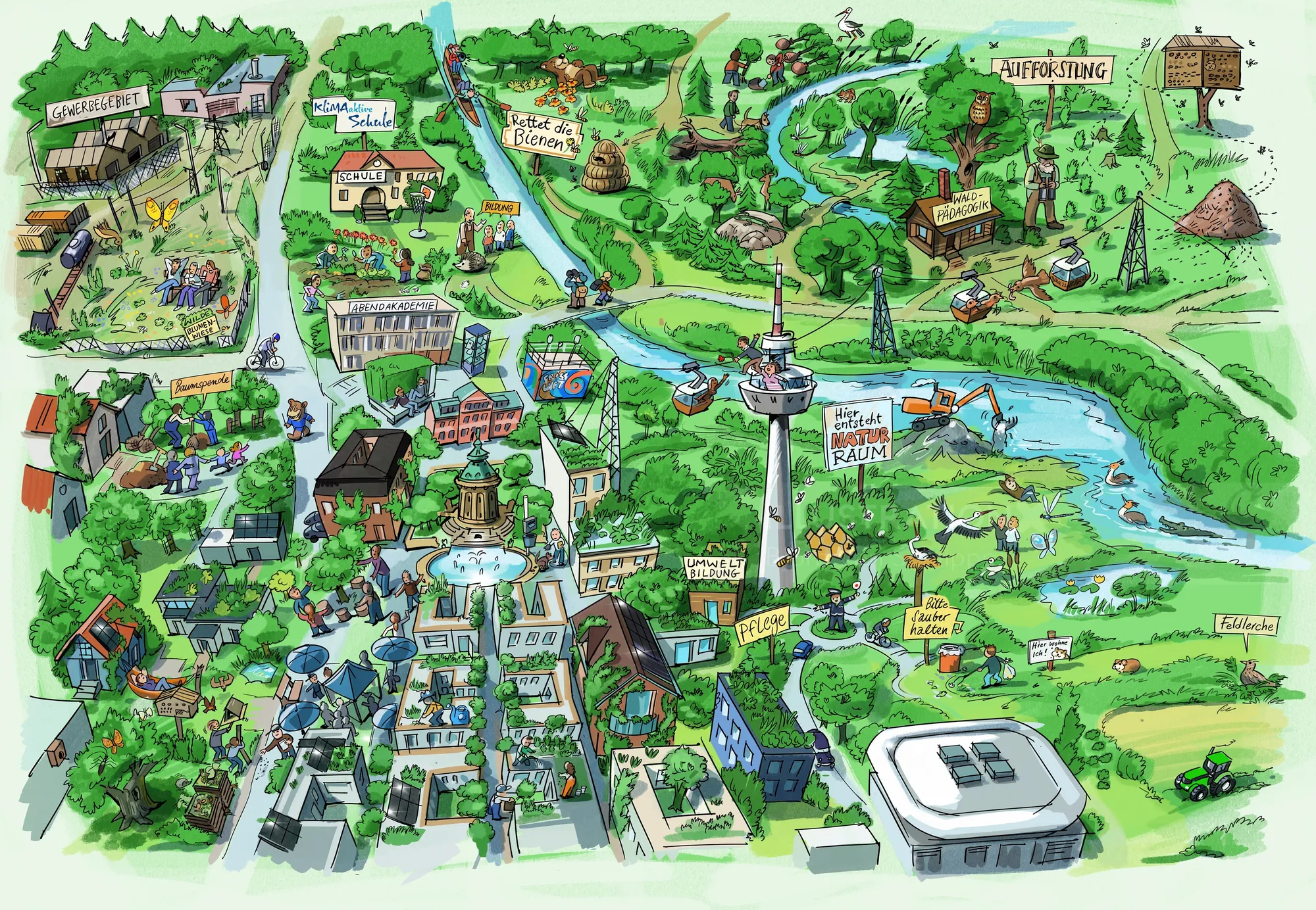 Detailed illustrated town map with buildings, river, trees, and roads.
