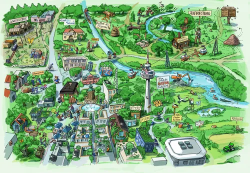 Detailed illustrated town map with buildings, river, trees, and roads.