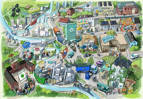 Illustrated campus map with buildings, pathways, vehicles, and people.