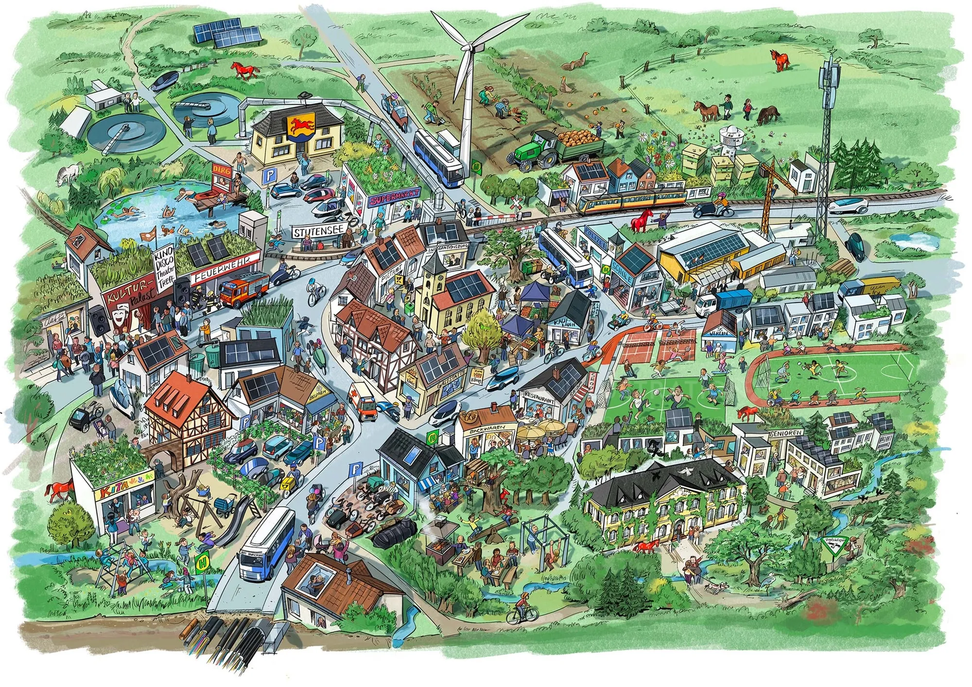 Illustration of a sustainable town with wind turbines, solar panels, and greenery
