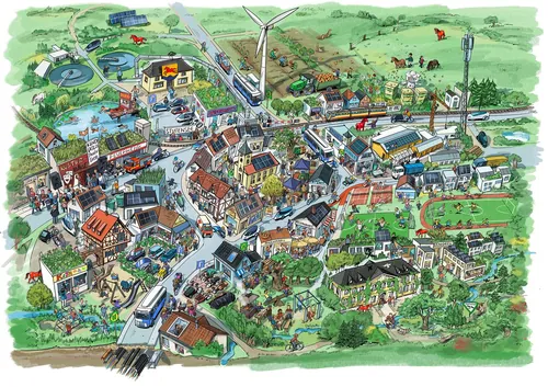 Illustration of a sustainable town with wind turbines, solar panels, and greenery