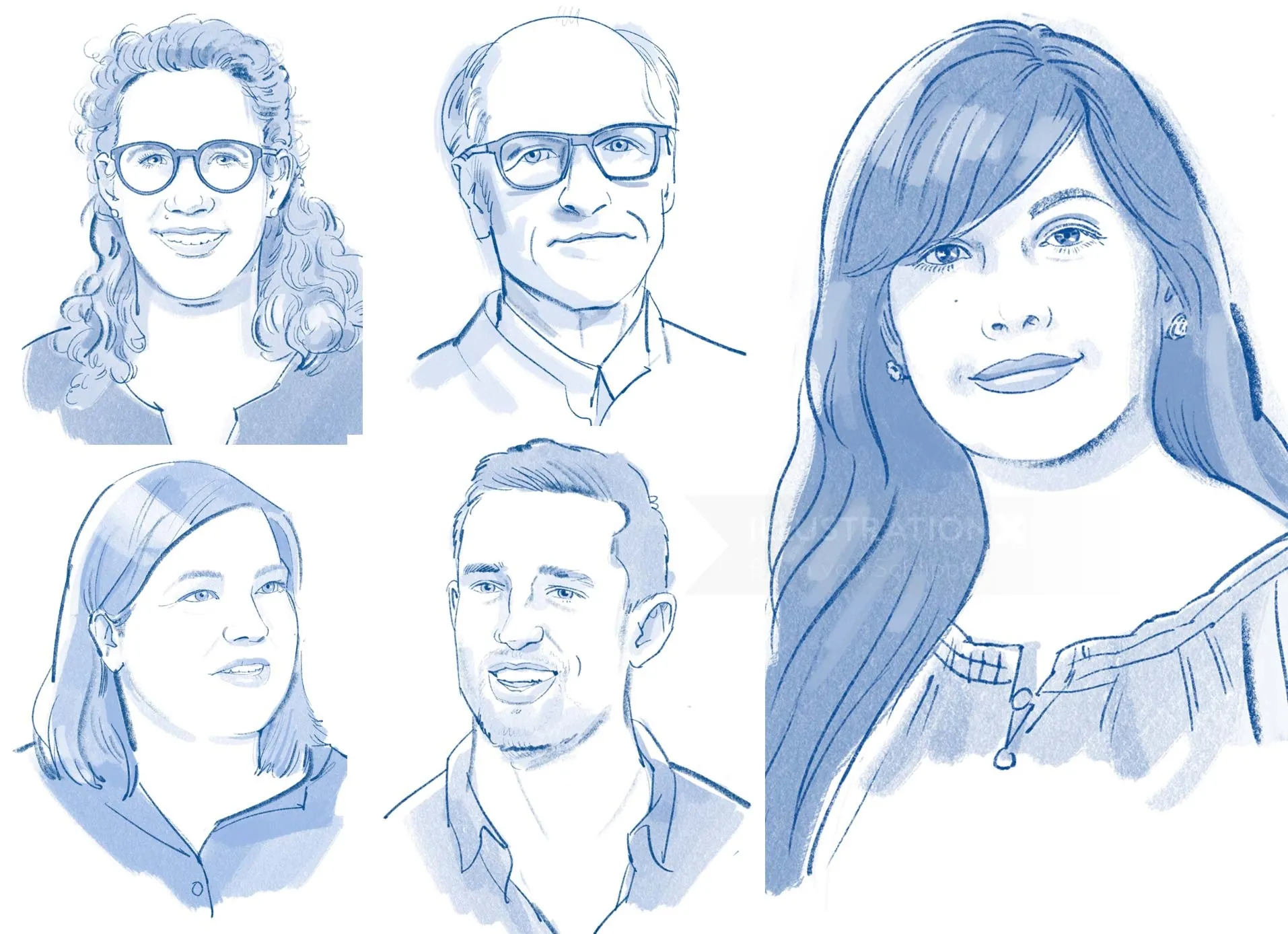 Blue sketches of five diverse individuals' faces and shoulders