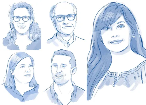 Blue sketches of five diverse individuals' faces and shoulders
