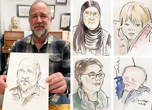 Man displaying caricature portrait with additional caricature sketches of diverse individuals