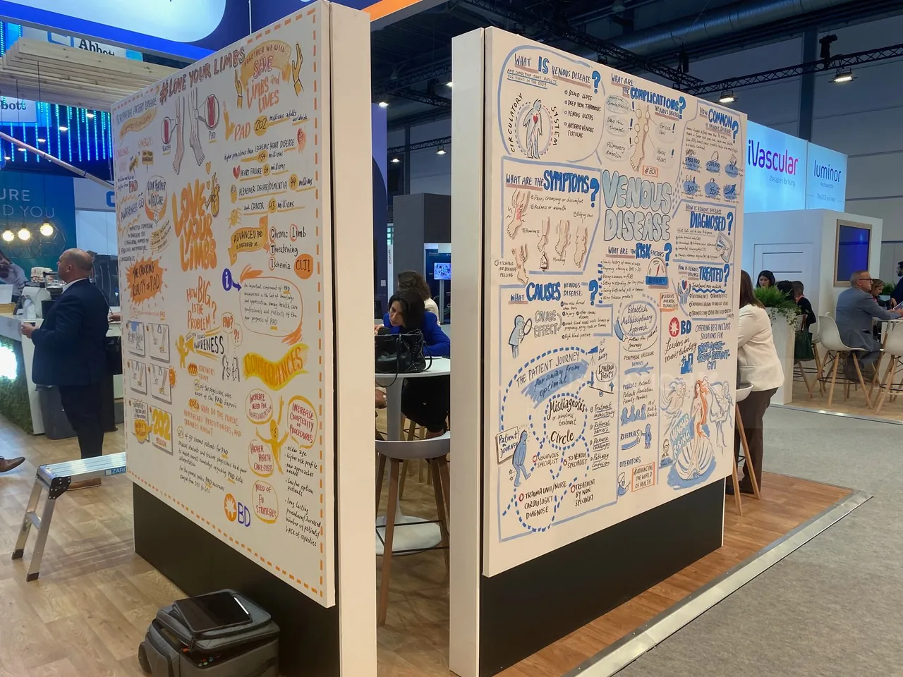 Display panels featuring detailed handwritten conference notes and illustrations