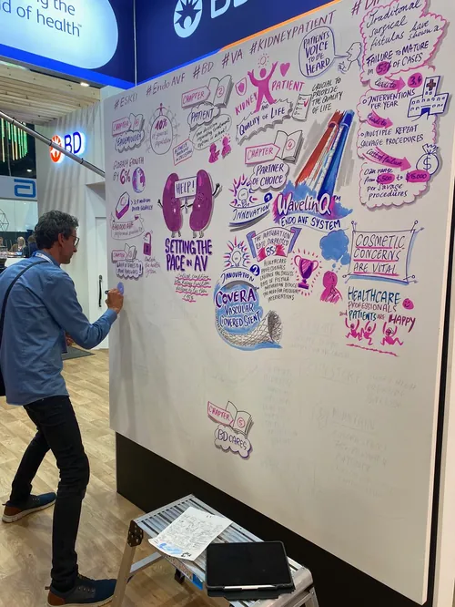 Person drawing colorful infographic on large whiteboard at conference