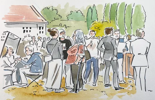 People socializing at an outdoor event in watercolor style