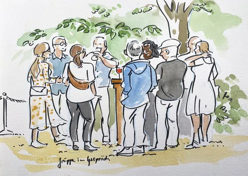 People standing in a semi-circle outdoors near a tree