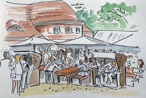 Outdoor dining scene with people seated under umbrellas near a red-roofed building