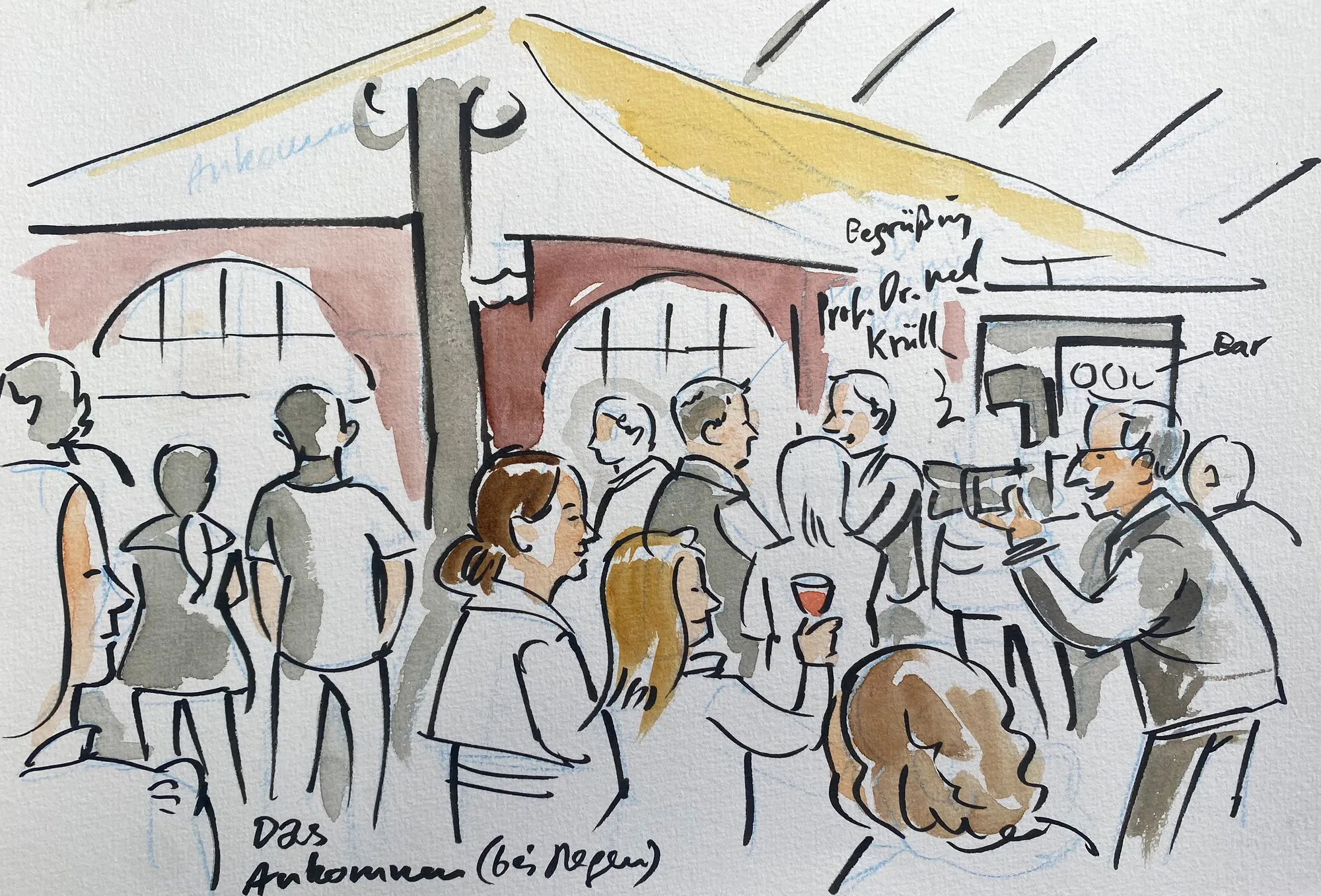 Illustration of group of people at an indoor social event with bar.