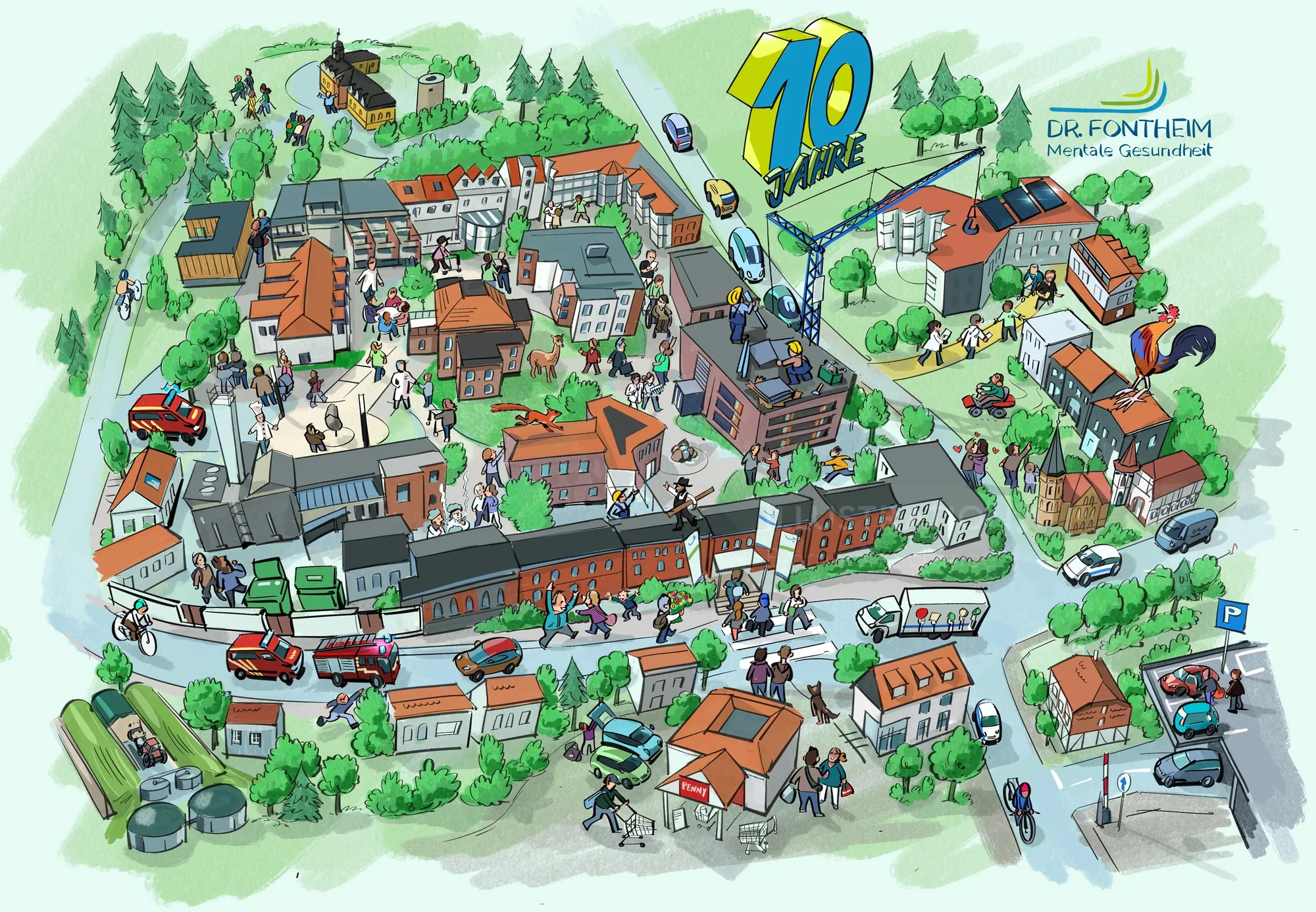 Colorful illustrated map of a town with buildings, streets, and 70 Jahre sign.