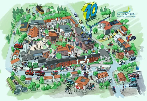 Colorful illustrated map of a town with buildings, streets, and 70 Jahre sign.