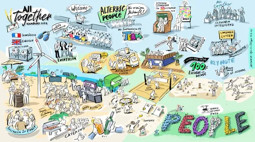 Illustration of diverse people collaborating in various activities and settings.