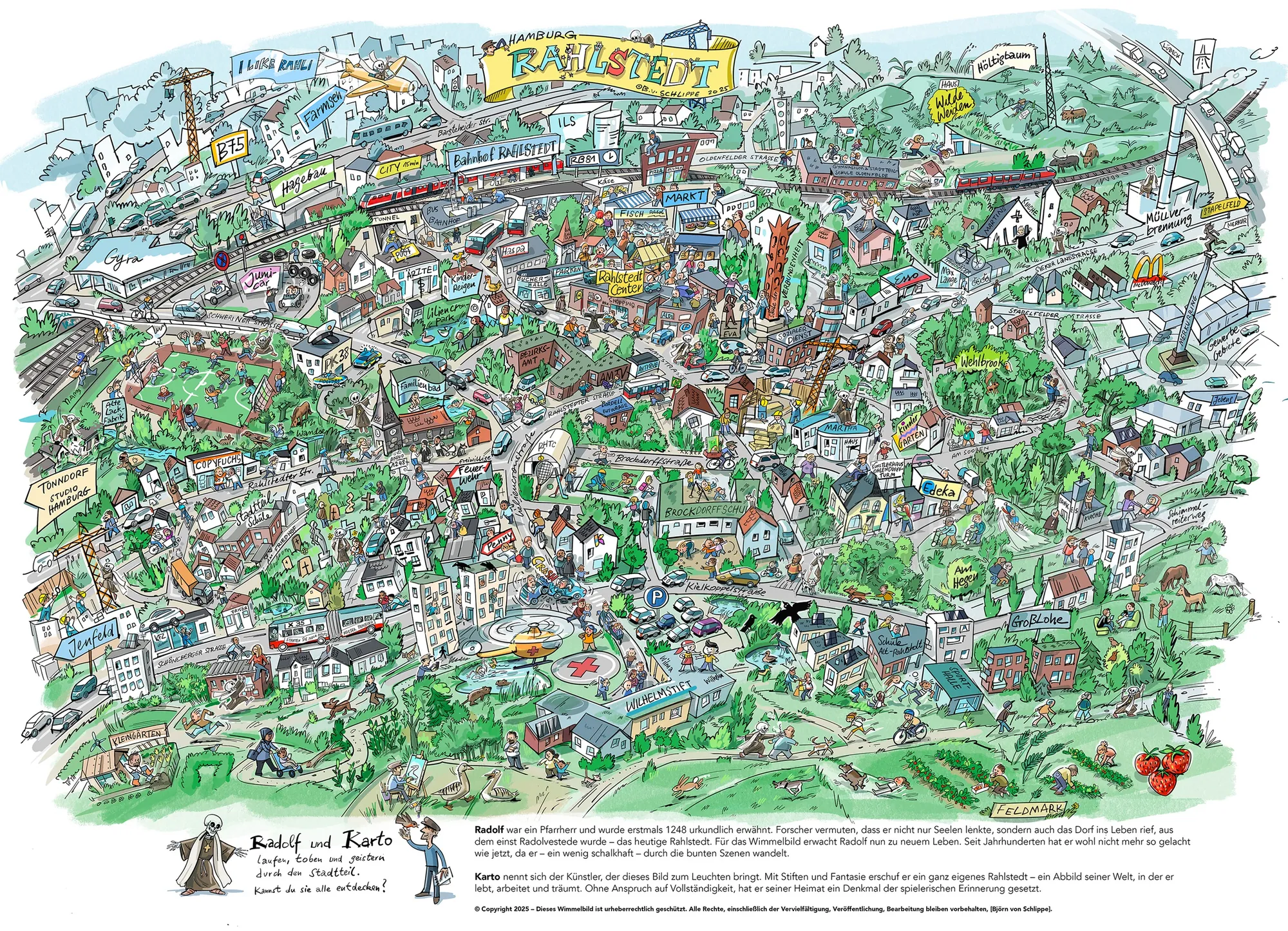 Detailed illustrated map showing landmarks and streets of Kraljevi town