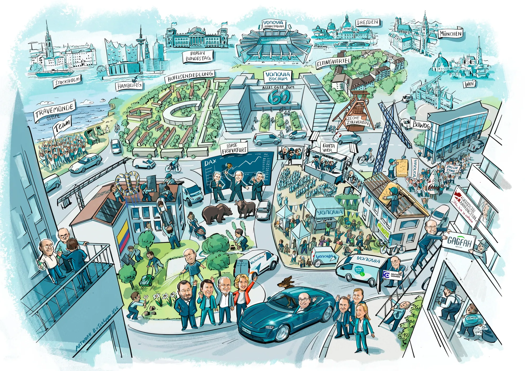 Cityscape illustration with parks, buildings, and people by Björn von Schlippe