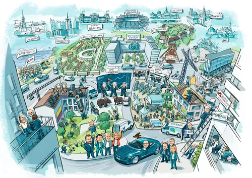 Cityscape illustration with parks, buildings, and people by Björn von Schlippe