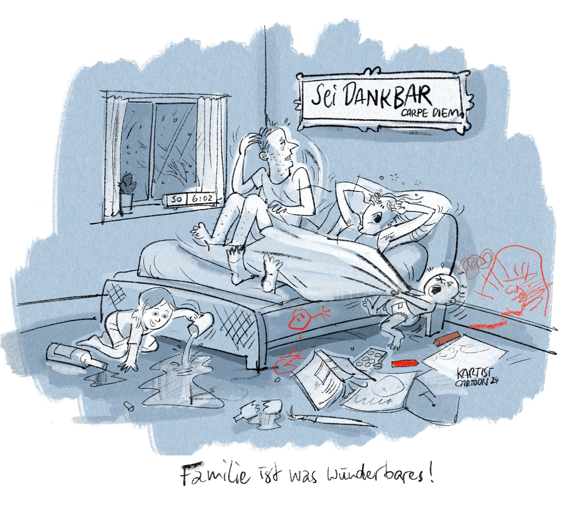 Family relaxing in messy bedroom with toys and clutter, artwork by Björn von Schlippe