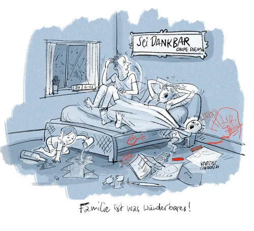 Family relaxing in messy bedroom with toys and clutter, artwork by Björn von Schlippe