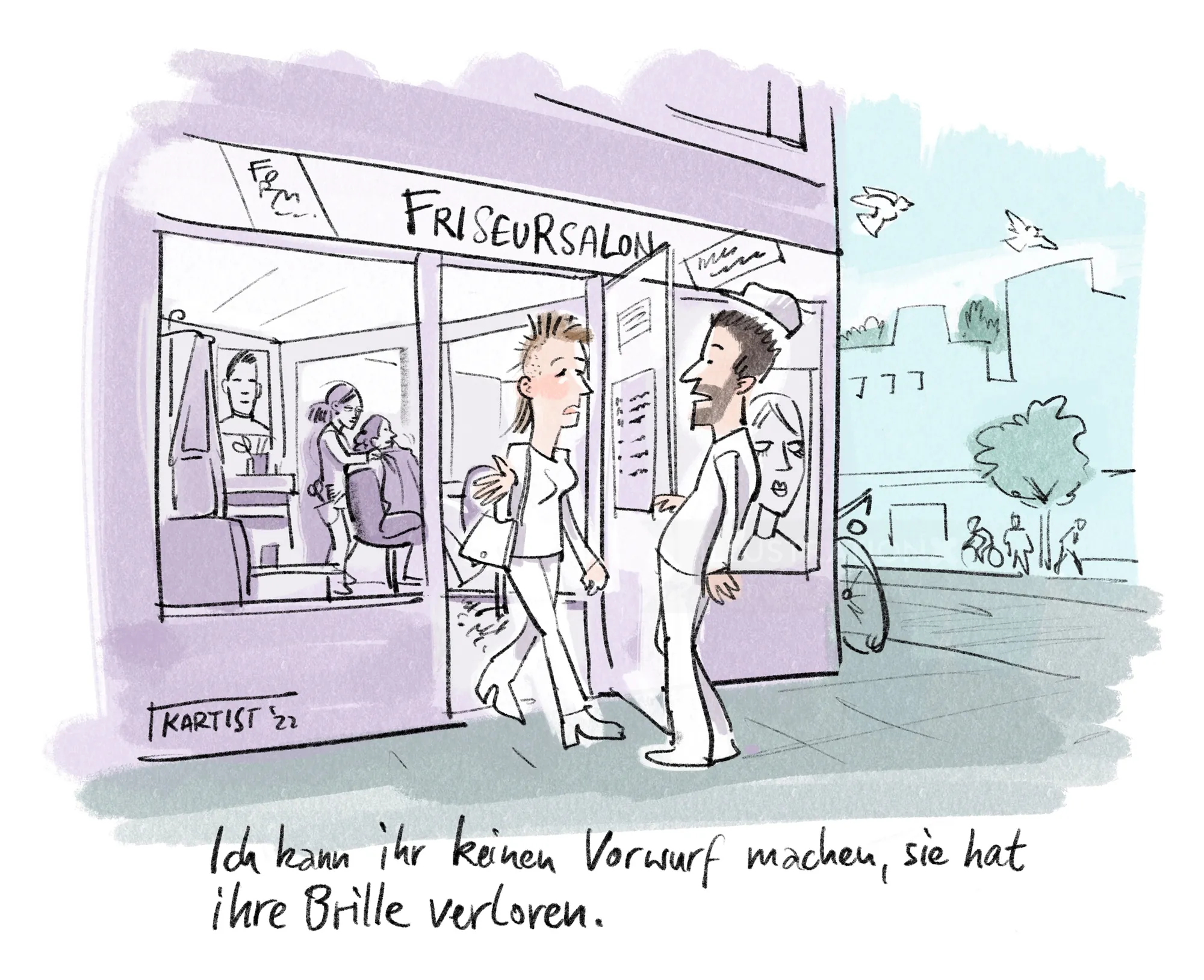 Cartoon of two people talking outside a hair salon by Björn von Schlippe