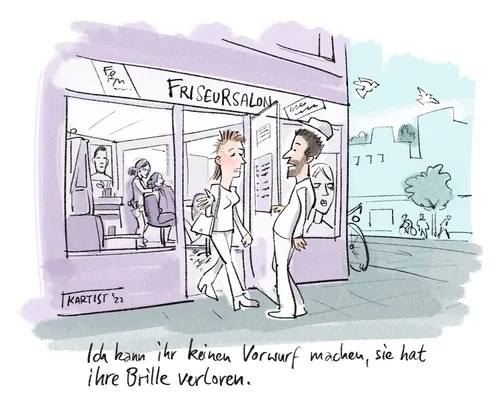 Cartoon of two people talking outside a hair salon by Björn von Schlippe