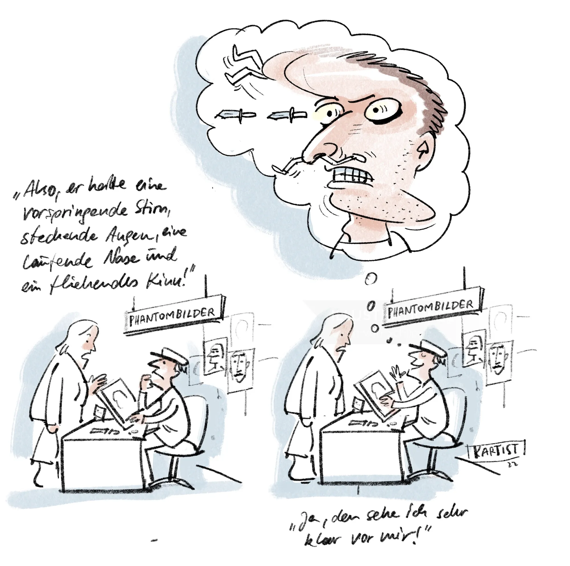 Caricature artist consulting with client, imagining exaggerated facial features by Björn von Schlip