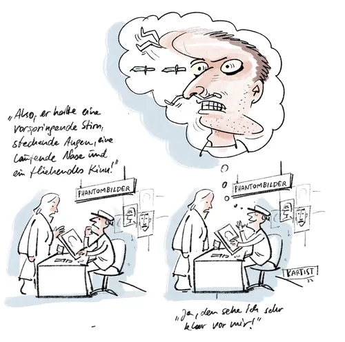 Caricature artist consulting with client, imagining exaggerated facial features by Björn von Schlip