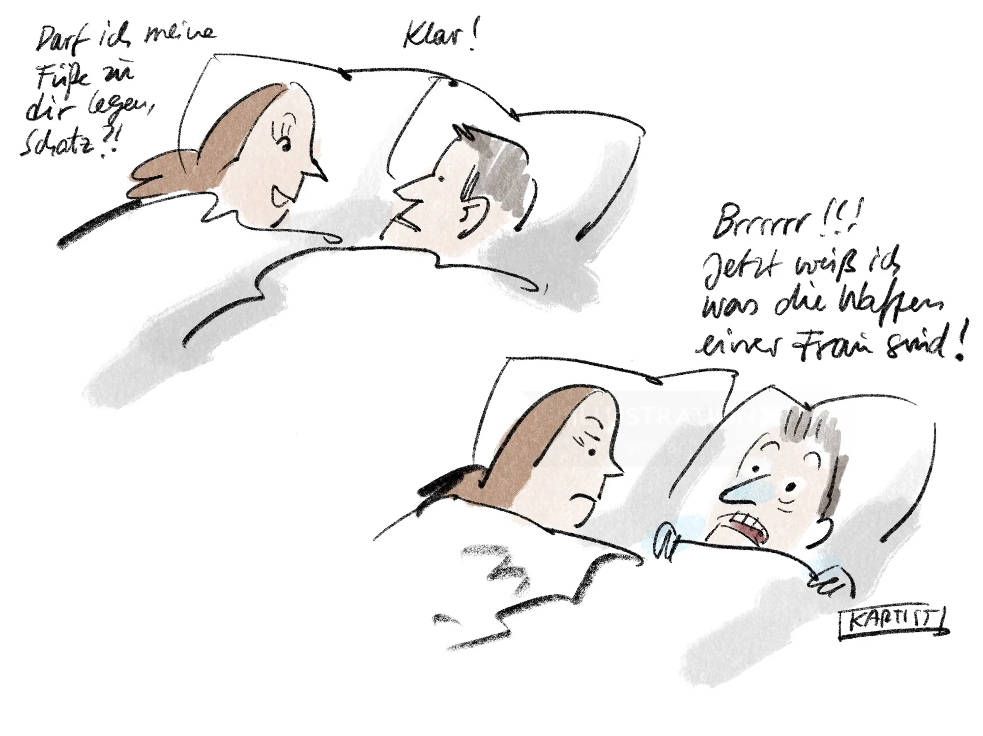 Cartoon of couple in bed discussing feet by Björn von Schlippe
