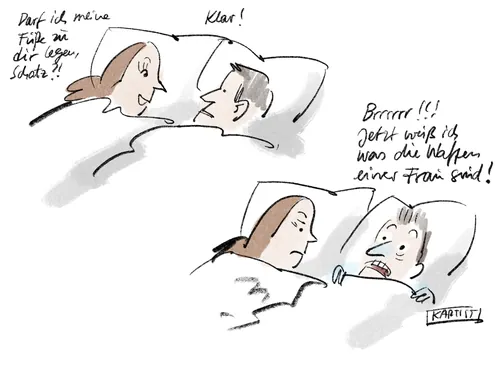 Cartoon of couple in bed discussing feet by Björn von Schlippe
