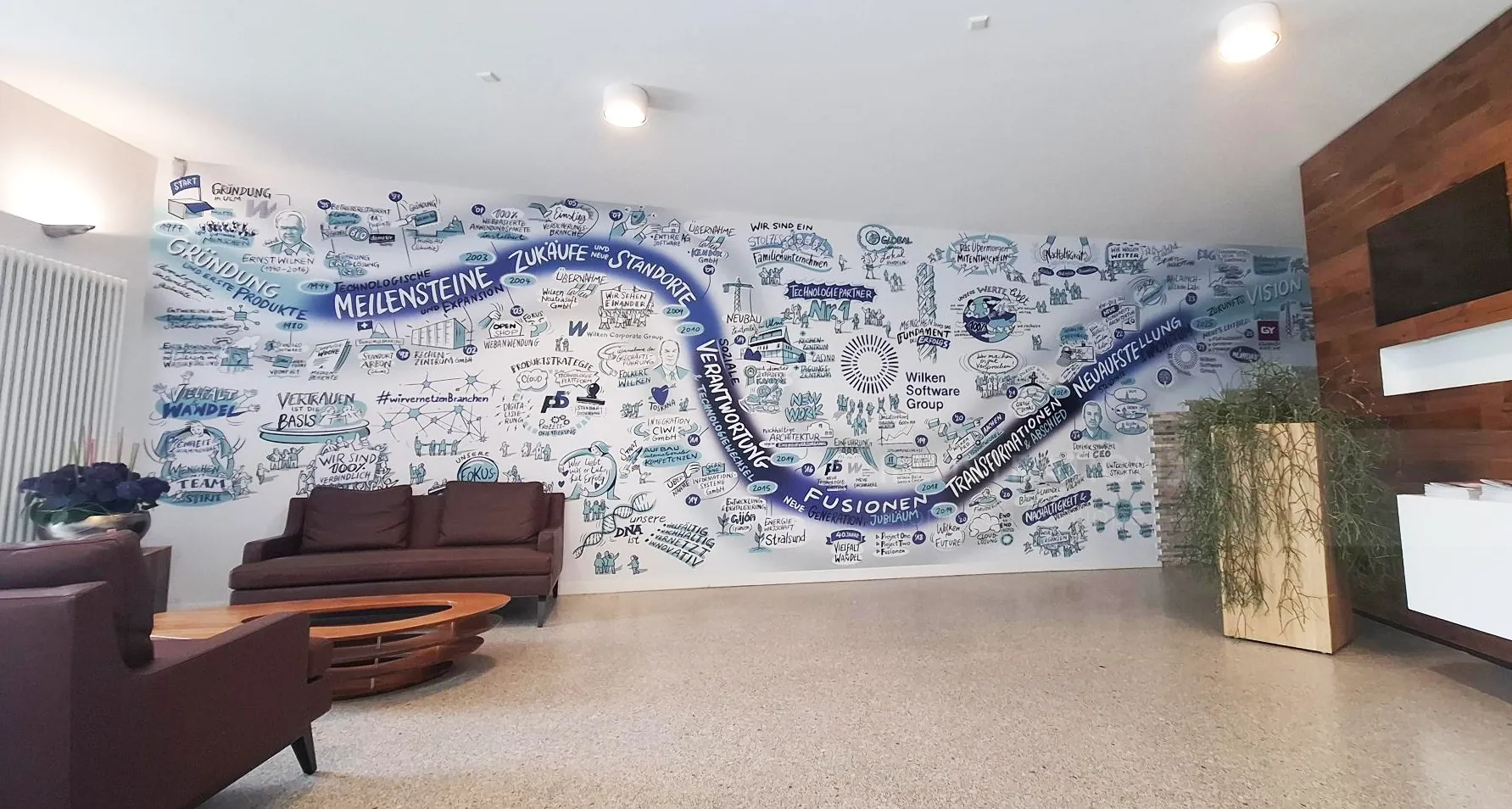 Mural with blue river and text on white wall by Björn von Schlippe