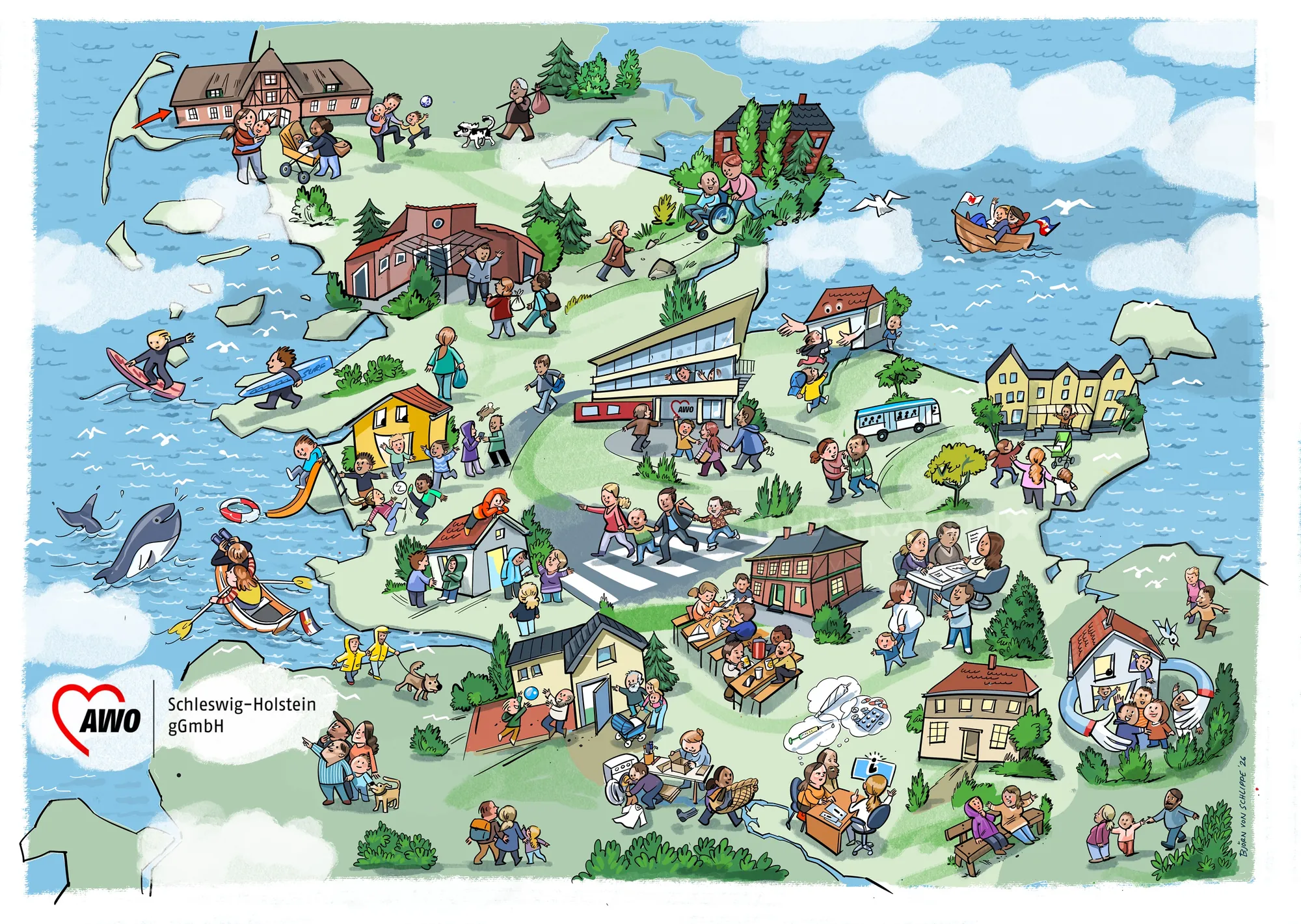 Carte dessinée du Schleswig-Holstein avec ses monuments et ses habitants par Björn von Schlippe