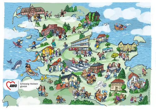 Cartoon map of Schleswig-Holstein with landmarks and people by Björn von Schlippe