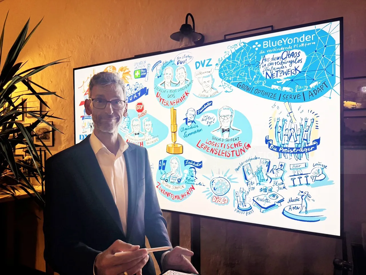 Björn von Schlippe presenting a colorful Blue Yonder sketchboard