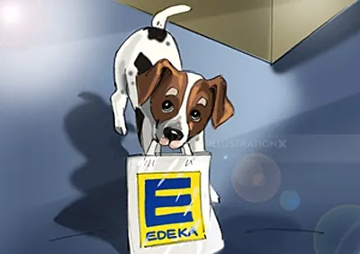 Small dog holding an EDEKA shopping bag indoors by Björn von Schlippe