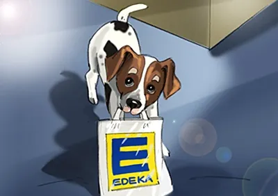 Small dog holding an EDEKA shopping bag indoors by Björn von Schlippe