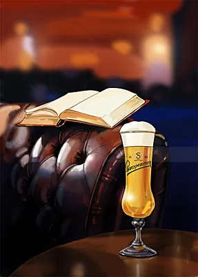 Open book on leather chair with a glass of beer nearby by Björn von Schlippe