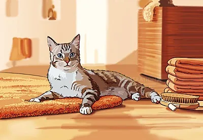 Tabby cat lying on orange mat near towels and grooming brush by Björn von Schlippe
