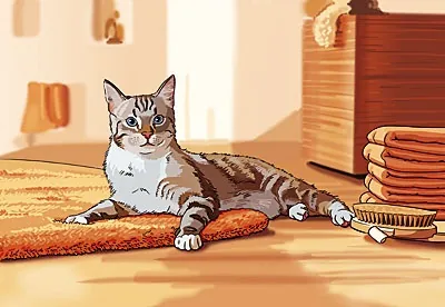 Tabby cat lying on orange mat near towels and grooming brush by Björn von Schlippe