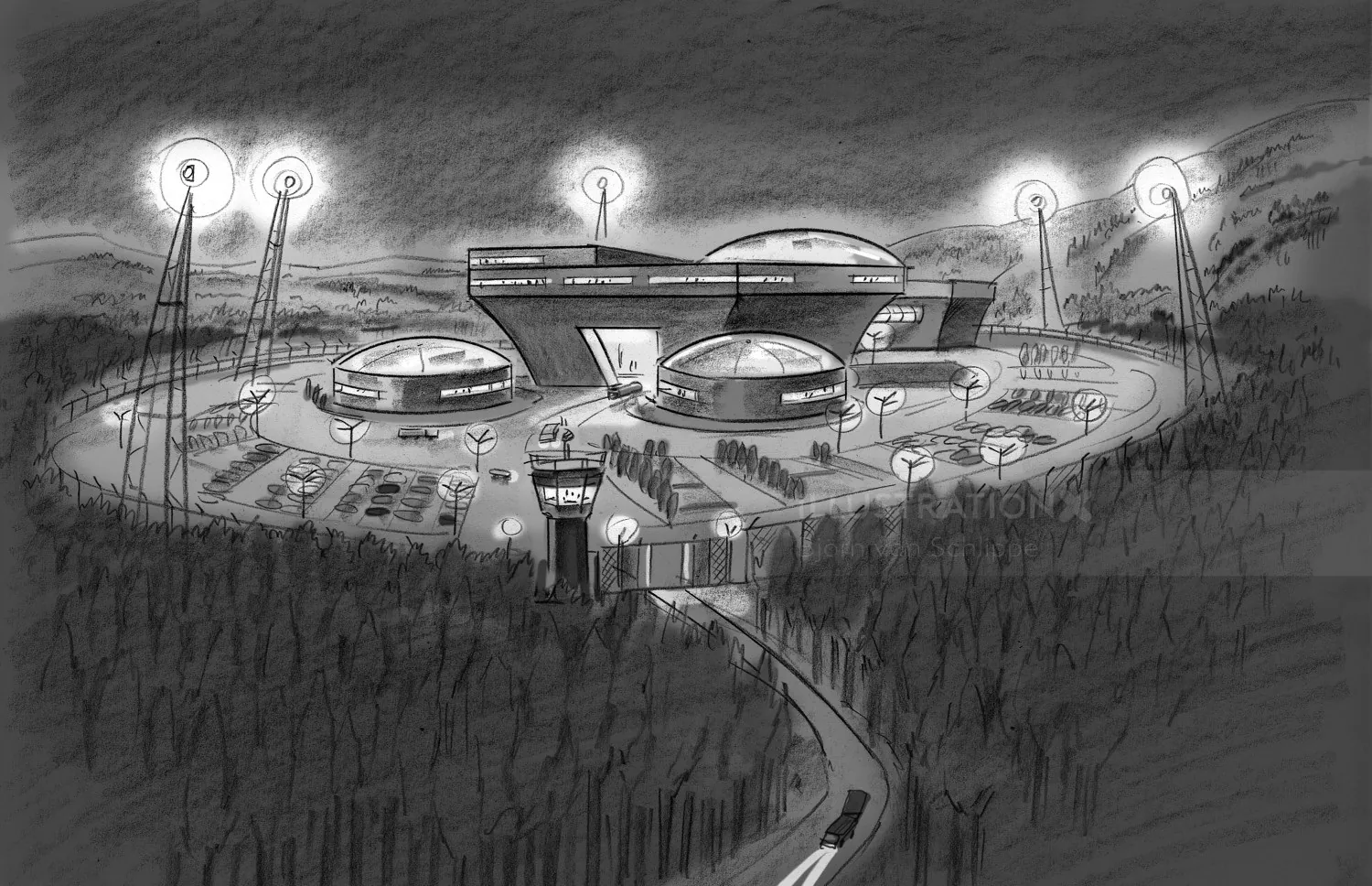 Futuristic dome buildings illuminated at night in forest, by Björn von Schlippe