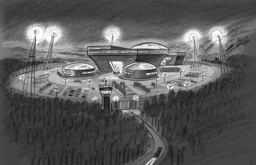 Futuristic dome buildings illuminated at night in forest, by Björn von Schlippe