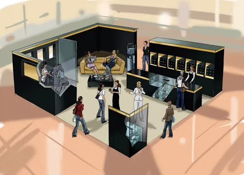 Modern cafe interior scene with people and barista by Björn von Schlippe
