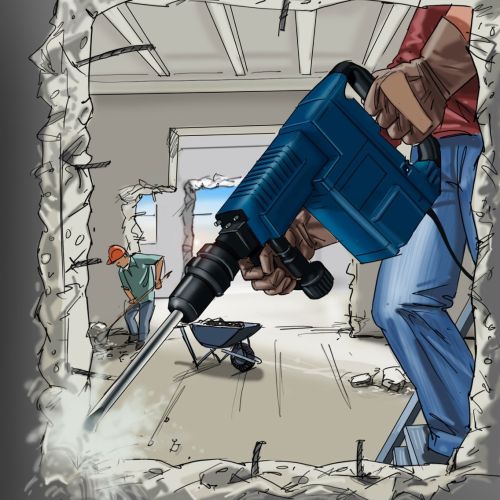 Construction worker using jackhammer to break concrete wall by Björn von Schlippe