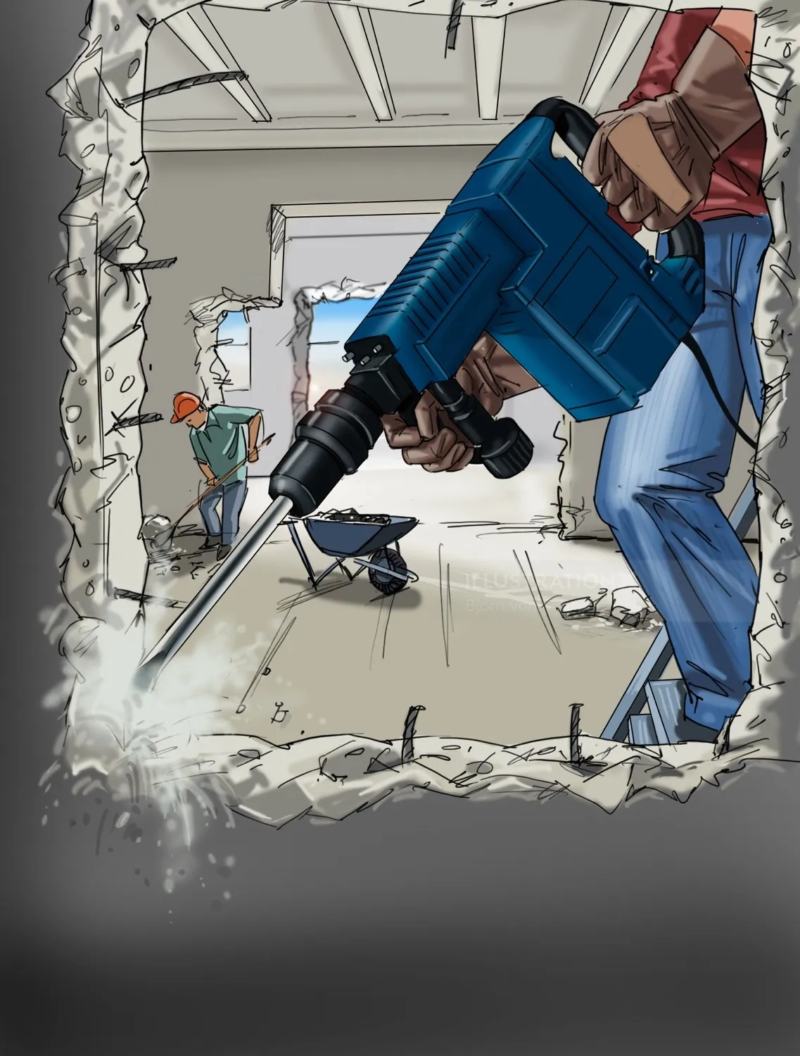 Construction worker using jackhammer to break concrete wall by Björn von Schlippe