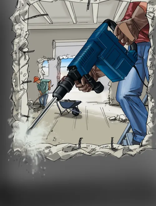 Construction worker using jackhammer to break concrete wall by Björn von Schlippe