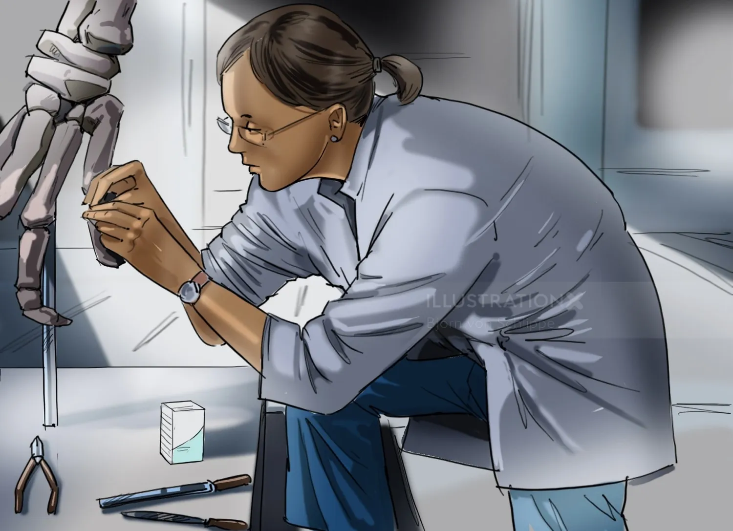 Scientist examining skeleton model in laboratory by Björn von Schlippe