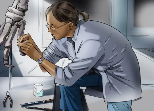 Scientist examining skeleton model in laboratory by Björn von Schlippe